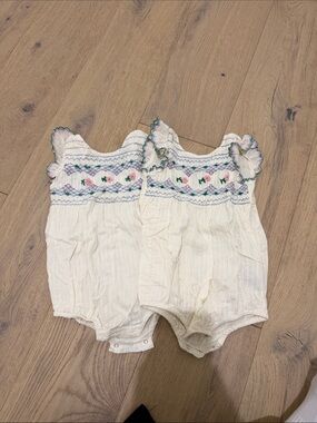 Emile et Ida Smocked Romper Set | 18M | Matching Twins | Embroidered